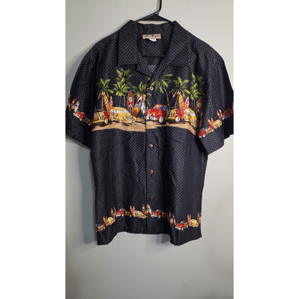 PALMWAVE HAWAIIAN BUTTON FRONT SHIRT-VINTAGE CARS, SURF BOARDS, PALM TREES MED.